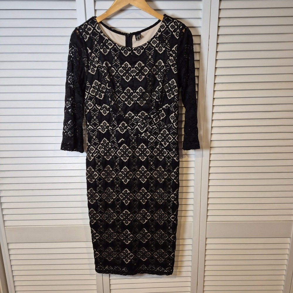 Black Lace Sheath Dress L 3/4 Sleeve Lined Cocktail Party Evening LBD‎ VFemage